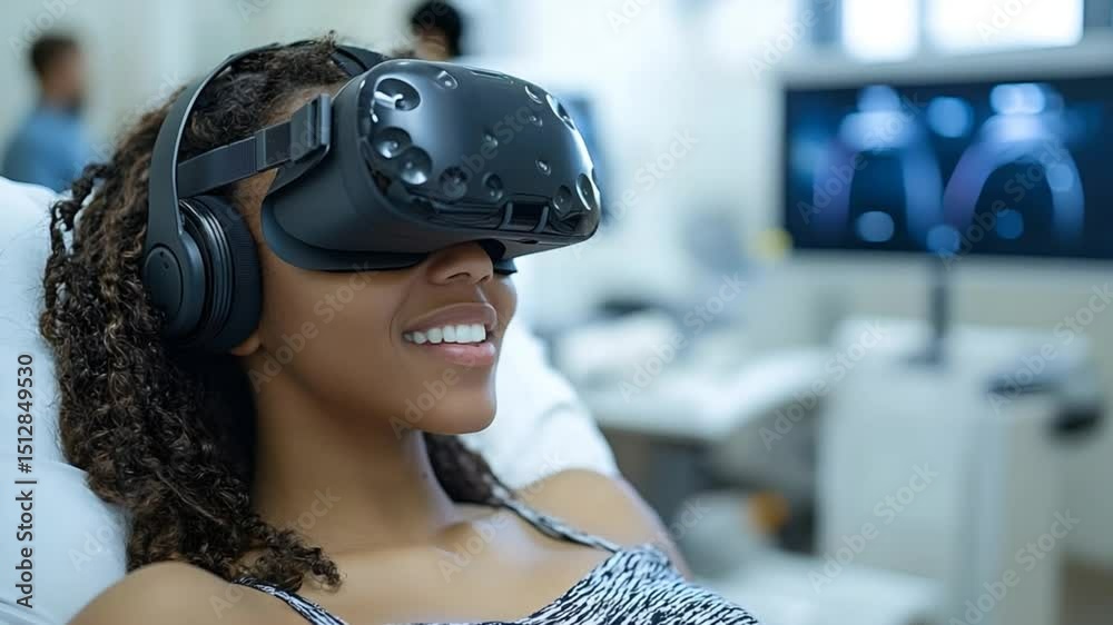 A woman wearing a VR headset in a medical environment, with a happy expression on her face. The scene suggests technological advancements in healthcare
