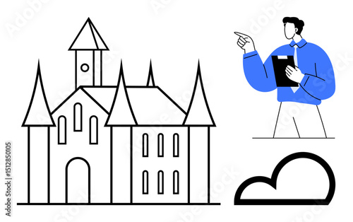 Castle with sharp spires, man holding clipboard gesturing toward modern cloud shape. Ideal for history, architecture, analysis, technology, planning, strategy, storytelling flat simple metaphor