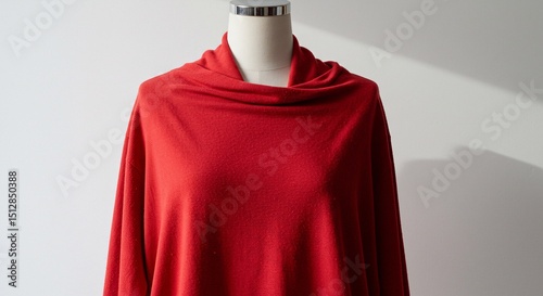 Elegant red cowl neck garment on mannequin against a minimalist backdrop with smooth lighting