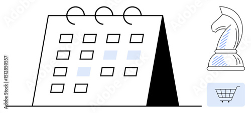 Calendar with highlighted dates, chess knight symbolizing strategy, and shopping cart for commerce. Ideal for planning, analysis, e-commerce, strategy, organization, scheduling flat simple metaphor