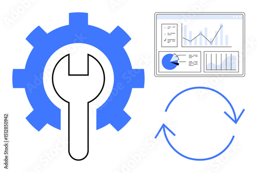 Gear with wrench symbolizes tools and settings, paired with a dashboard showing charts and a circular arrow for updates. Ideal for technology, analytics, system maintenance, process improvement