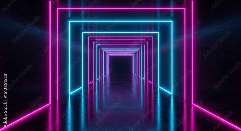 Fototapeta premium Futuristic tunnel with glowing neon lights. Pink and cyan rectangular frames recede into the darkness, reflected on the polished floor.