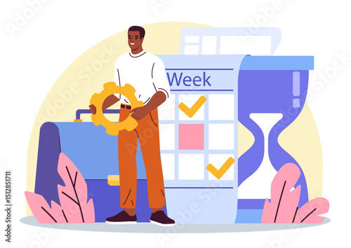 Personnel management concept. Businessman with cogwheel near briefcase and calendar. Organizing efficient workflow, prioritizing, setting goals and deadlines. Flat vector illustration