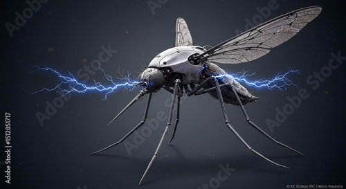 Futuristic metallic mosquito with glowing electrical discharges detailed illustration