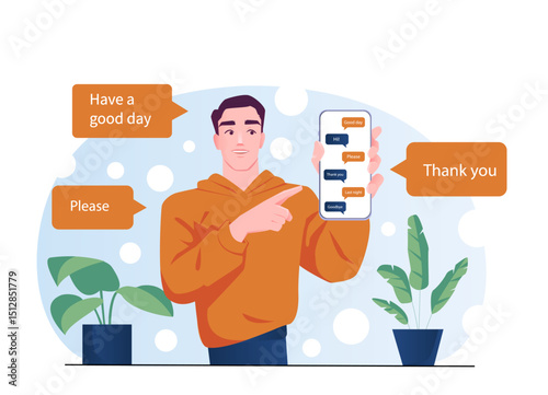 Polite conversation online. Businessman with smartphone with dialogue. Chat or dialog. Positive communication. Professional ethics and soft skills. Flat vector illustration