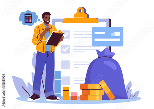 Financial analyst man. Businessman with clipboard near golden coins. Budgeting and accounting, calculation. Analyst evaluates expenses and income. Flat vector illustration