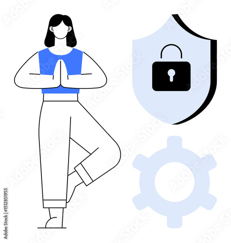 Woman in yoga pose standing near shield with lock and gear, symbolizing mindfulness, protection, stability, and settings. Ideal for wellness, security, balance, health technology self-care flat