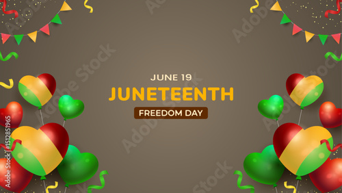 Juneteenth Celebration Poster with Heart Balloons and Festive Decorations