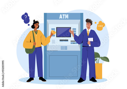 People near ATM. Man and woman with cash and cards near banking terminal. Customers with automated teller machine. Cashless transfers and transactions. Flat vector illustration
