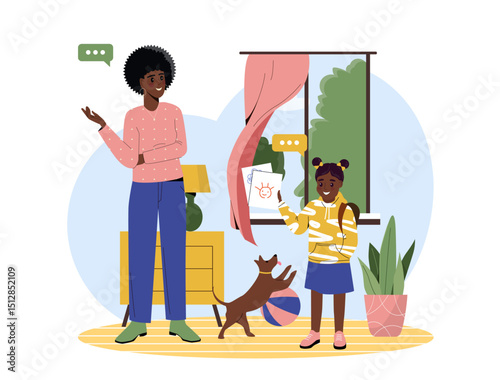 Child shows drawings. Daughter shows her mother drawing. Talented preschooler. Hand drawn picture and sketch. Education and training, practice. Flat vector illustration