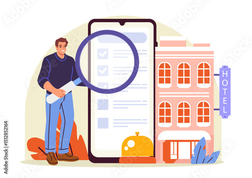 Booking app for tourists. Man with magnifying glass near smartphone and building. Mobile application for travelers. Room accommodation and reservation. Flat vector illustration