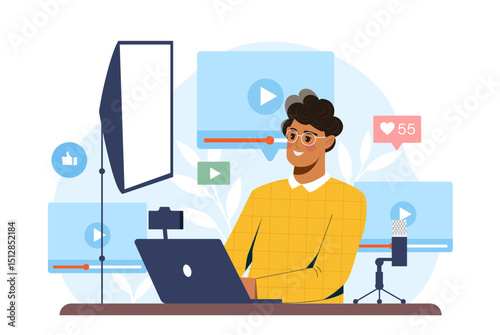 Content creator man. Young guy sits at laptop near spotlights. Popular blogger creates content for social networks. Talented author and publisher. Flat vector illustration