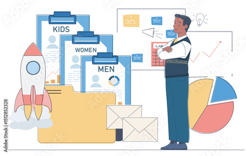 Consumer types profile. Businessman stands near clipboards with men, women and kids. Segmentation of customers and buyers. Analyst conducts marketing research. Linear vector illustration