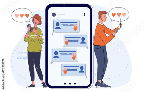 People with dating app. Man and woman standing near smartphone with chat and dialogue. Love communication on Internet and social networks. Love and romance. Linear vector illustration