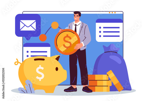 Economy business school. Man with golden coin near piggybank. Financial literacy and savings. Education and training. Online course or webinar. Flat vector illustration