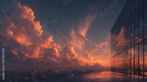 Detailed window patterns reflecting clouds streaked in orange and purple, with glowing office lights scattered throughout the vertical towers 