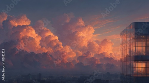 Detailed window patterns reflecting clouds streaked in orange and purple, with glowing office lights scattered throughout the vertical towers 
