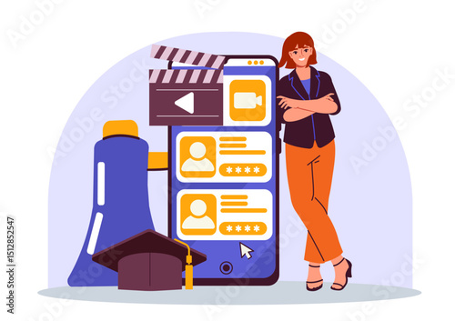 Film director woman. Young girl near directors clapperboard, smartphone and loudspeaker. Filmmaking and cinema industry. Movie and series production. Flat vector illustration