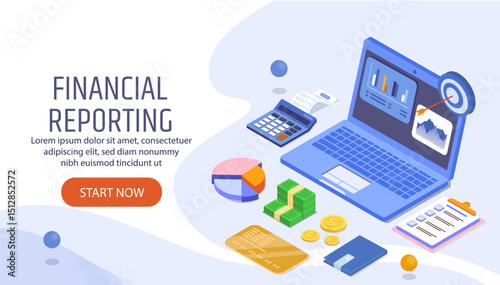 Financial reporting landing page. Laptop, calculator, stack of bills and diagram. Estimation of expenses and income, budgeting. Poster or banner for website. Isometric vector illustration