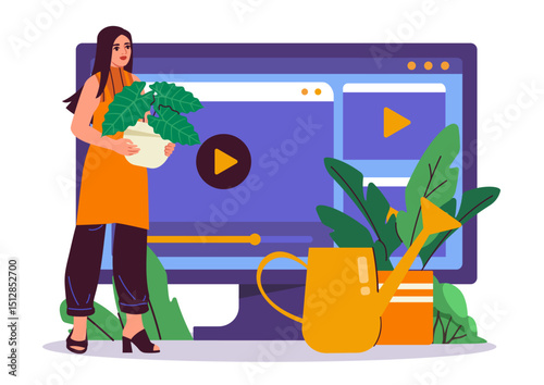 Gardener online woman. Young girl with flowerpots and watering can. Farming and agriculture. Botany and horticulture. Blog for gardeners and farmers. Flat vector illustration