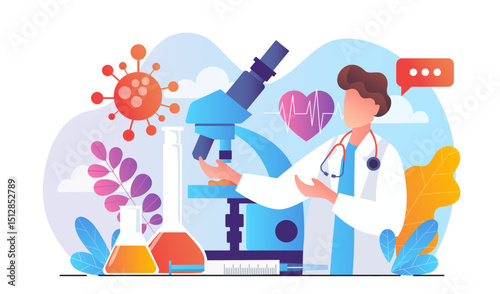 Doctor with microscope. Man in medical uniform near microscope. Specialist conducts scientific research in laboratory. Chemist or scientist in lab. Flat vector illustration