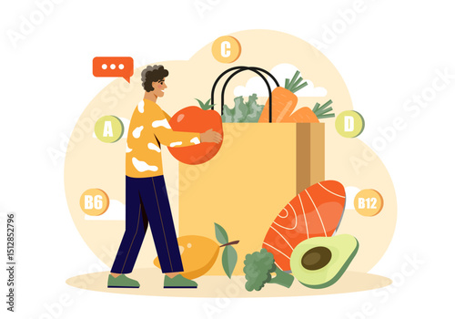 Man with healthy eating. Young guy with tomato near bag of vegetables. Natural and fresh products with vitamins. Slice of avocado and fish. Diet and nutrition. Flat vector illustration