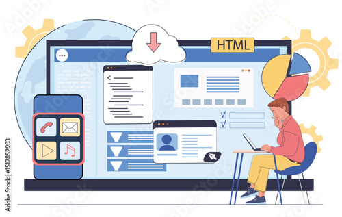 Man surfing internet. Young guy with laptop searches for information on Internet. Online knowledge. Website with graphs and charts, article. Linear vector illustration
