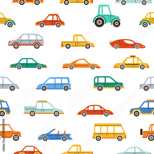 Car hand drawn cartoon seamless pattern. Cute different auto transport pickup, taxi sedan endless boundless background design. Simple repeat print wallpaper with car vector illustration for children
