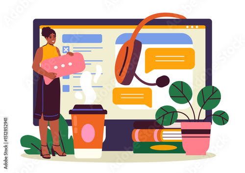 Woman learning online. Young girl near computer monitor and headphones. Remote lecture and webinar. Distant school or university. Education and training. Flat vector illustration