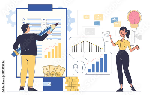 Investor with graphs. Man and woman evaluate diagrams and charts. Financial literacy, income and expense assessment. Investing and economy, trading. Linear vector illustration