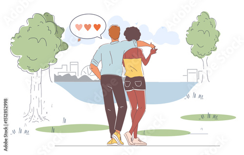 Loving couple in nature. Man hugging woman. Happy pair on romantic date in park. Summer or spring season. Lovers walking outdoor. Love and romance. Linear vector illustration