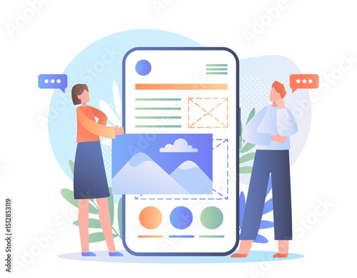 Mobile app development. Man and woman develop mobile application for smartphone. Frontend developers develop UI and UX design for website. Team of graphic designers. Flat vector illustration