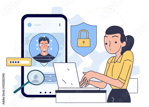 Mobile data protection. Woman with laptop near smartphone with login and password. Confidential information, personal data. Security on internet. Linear vector illustration