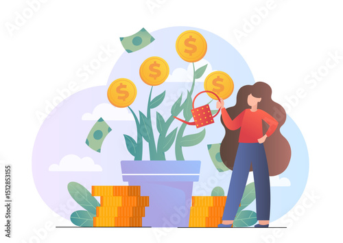 Woman watering money tree. Young girl with watering can near tree with golden coins. Concept of financial literacy and passive income. Trader or investor. Flat vector illustration