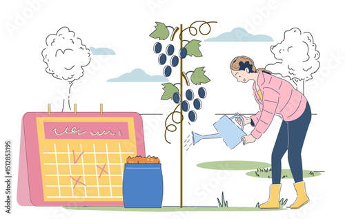 Harvest irrigation concept. Woman with watering can near sprout. Farming and agriculture, horticulture. Young girl on farm or in garden. Linear vector illustration