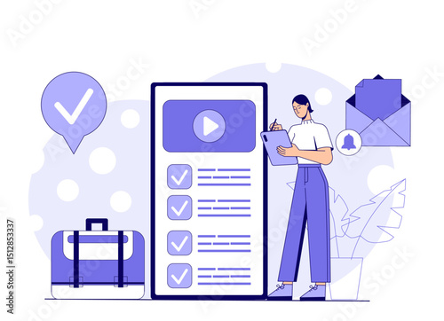 Woman with digital checklist. Young girl near tablet with videos and goals. Time management, planning and scheduling. Setting goals and deadlines. Linear vector illustration