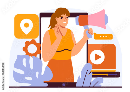 Online promotion woman. Young girl with loudspeaker on smartphone screen. Internet advertising and marketing, product promotion. Marketer and pr agent. Flat vector illustration