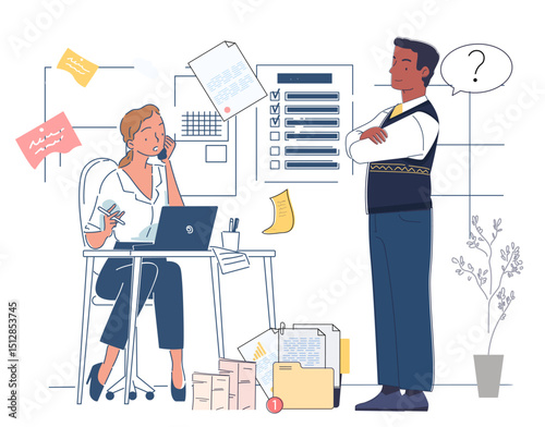 Secretary at workplace. Woman with phone at work. Boss talking with clerk. Planning and organizing effective workflow. Professional assistant. Linear vector illustration
