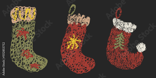 Chalk Kids Christmas Santa Sock Collection. New year pencil textured stocking set. Winter holiday freehand crayon hand drawn boot elements. Cartoon child doodle sketchy scribble vector illustration