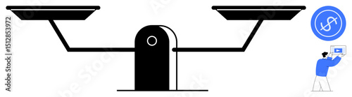 Traditional weighing scales balanced evenly, man working on computer analyzing dollar sign chart. Ideal for finance, equality, decisions, investment, business analysis, value comparison, simple