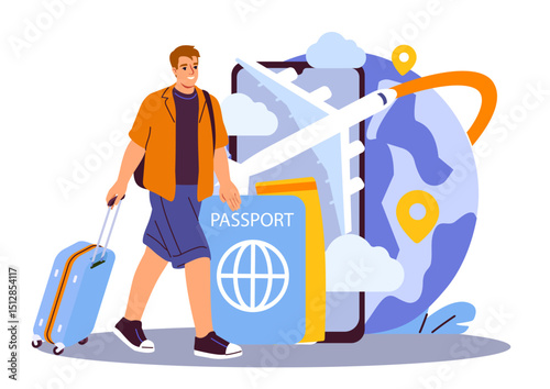 Traveler man with passport. Young guy with luggage near plane. Travel and tourism. Holiday and vacation, journey. Trips and flights around world. Flat vector illustration