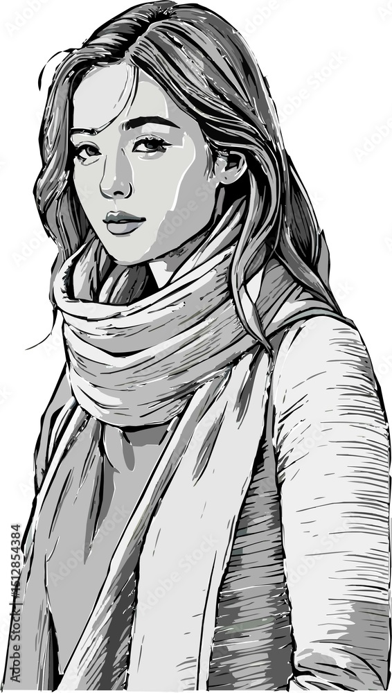 Naklejka premium Elegant Woman in Winter Outfit - Black and White Vector Illustration