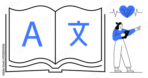 Open book with letters from different languages, person holding tablet pointing, heart and heartbeat icon. Ideal for education, learning, translation, linguistics, cross-culture, communication
