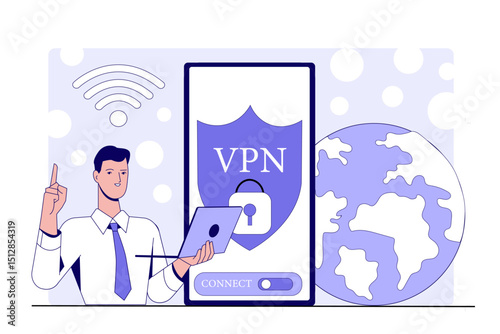 Man with VPN. Young guy with laptop near smartphone with shield. Virtual private network. Global safety and security on internet. Virus protection. Linear vector illustration