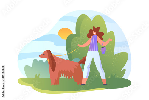 Woman walking dog. Young girl walking pet in park on leash. Routine and household chores, active lifestyle. Owner walks with domestic animal in nature. Flat vector illustration