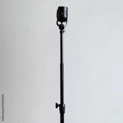 A black light stand holding a flash, positioned in front of a white backdrop --v 6.1 Job ID: 6c6acfc9-d4db-4447-abe4-0d12d23db0e3