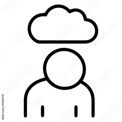 An (outline style) illustration of a stylized human figure with a cloud hovering directly above their head, denoting despair, sadness, worry, burdened mind. Conveys being weighed down by thoughts