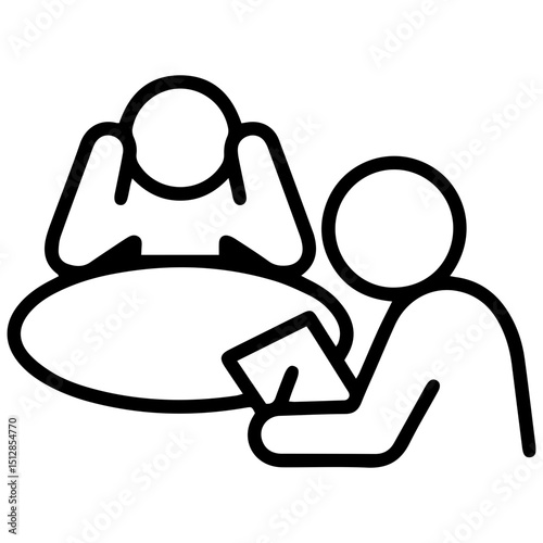 An (outline style) illustration of two stylized human figures at a table, one distressed with hands to their head and the other attentively holding a notepad, denoting  consultation, mental assessment