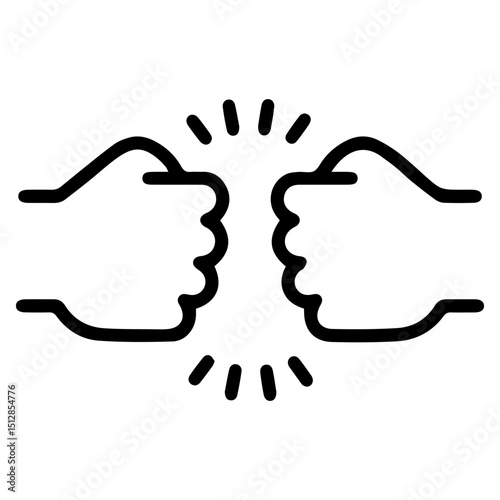 An (outline style) illustration of two stylized fists meeting in a forceful bump, with radiating lines, denoting a 'power up', energy surge, or a moment of intense impact. Conveys building momentum