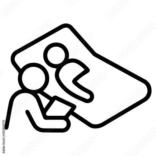 An (outline style) illustration of a stylized human figure lying in bed receiving care from another, denoting illness, patient care, recovery, and medical attention. Conveys a scene of assistance